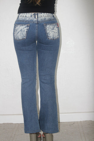 Dong Fang Li Geng Distressed Brush-Wash Flare Jeans
