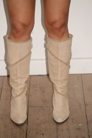 XOXO Beige Suede Wedge Knee Boots