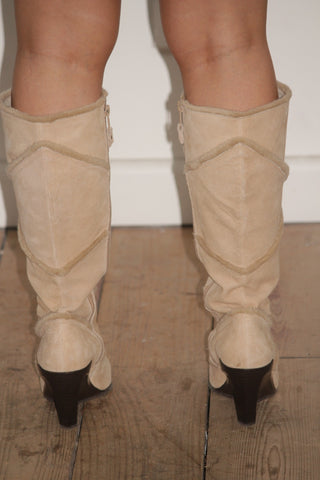 XOXO Beige Suede Wedge Knee Boots