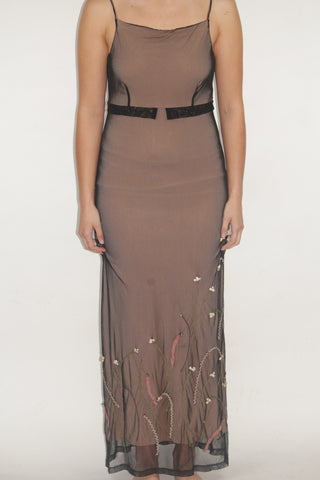Floral-Embroidered Mesh Slip Dress