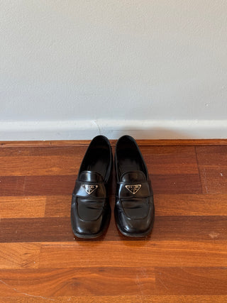 Prada Black Logo Plaque Leather Loafers
