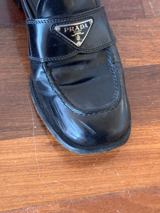 Prada Black Logo Plaque Leather Loafers